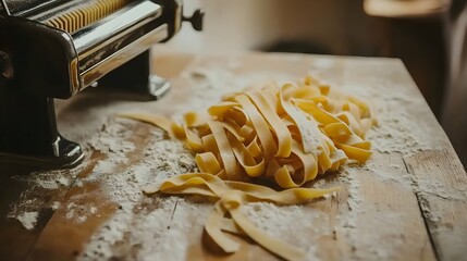 Fresh Homemade Pasta Noodles with Hand-Cranked Machine on Rustic Wooden Table