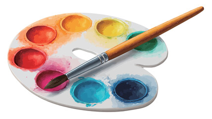 Obraz premium Close-up studio shot of a white plastic paint palette with multiple circular wells filled with various vibrant watercolor paints. A wooden-handled paintbrush rests on the palette
