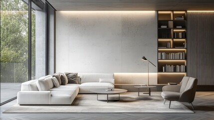 Modern living room with floor-to-ceiling windows