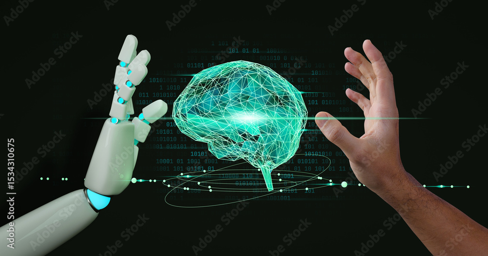 Poster a robot hand and a human hand showing a idea of cyber security, large language model, llm concept