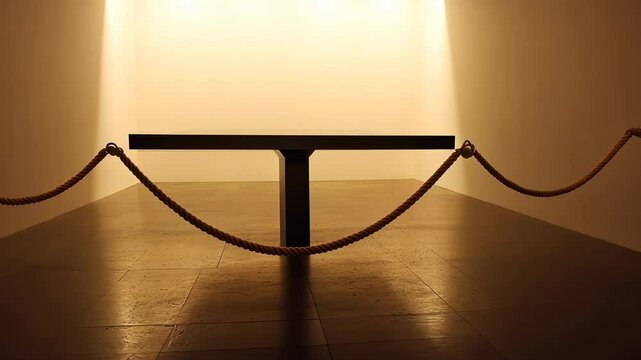 Simple table with rope barriers in a gallery space