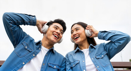 Young friends sharing headphones while sitting on a bench outdoors