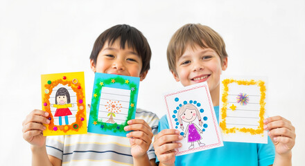 Fototapeta premium Two boys proudly holding colorful handmade greeting cards 