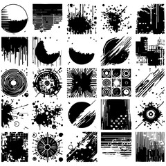 Assortment of black and white grunge textures and abstract brush stroke shapes. Graphic design concept