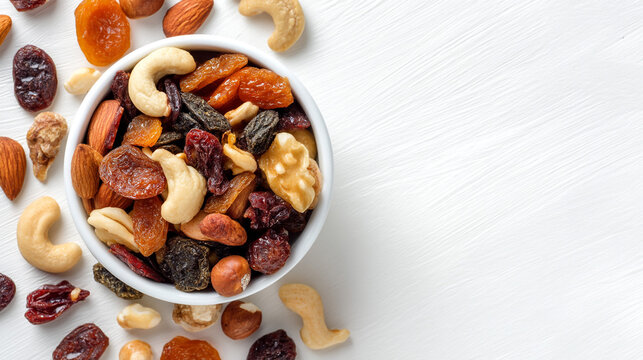 A top view of a white bowl filled with mixed nuts and dried fruits on a white textured background