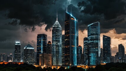 A glowing, futuristic skyline with towering skyscrapers under a stormy sky