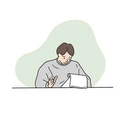 Illustration of a male college student working on a assignment. A male young man busy with his school life. Hand-drawn vector design elements related to studying men.