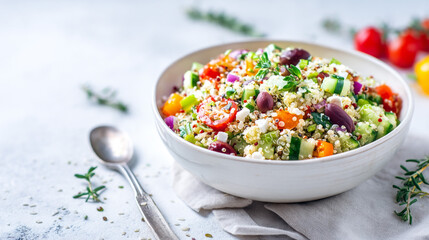Close up of quinoa salad with vegetables and feta cheese in a white bowl with a spoon nearby