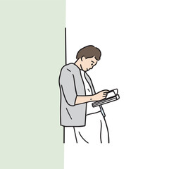 Illustration of a male college student working on a assignment. A male young man busy with his school life. Hand-drawn vector design elements related to studying men.
