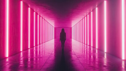 A solitary figure in a vibrant neon tunnel