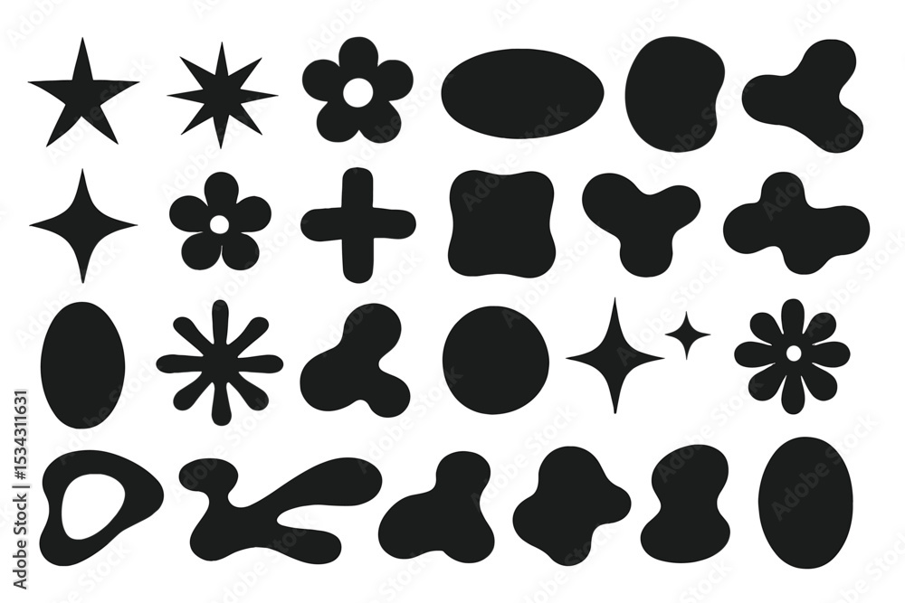 Poster Vector flat illustration showcasing a variety of black abstract shapes and patterns ideal for modern design applications