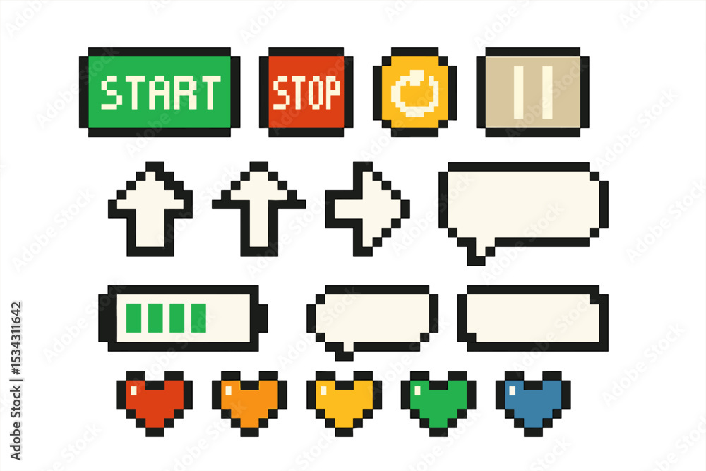 Poster colorful vector flat illustration of user interface elements including start and stop buttons, arrow