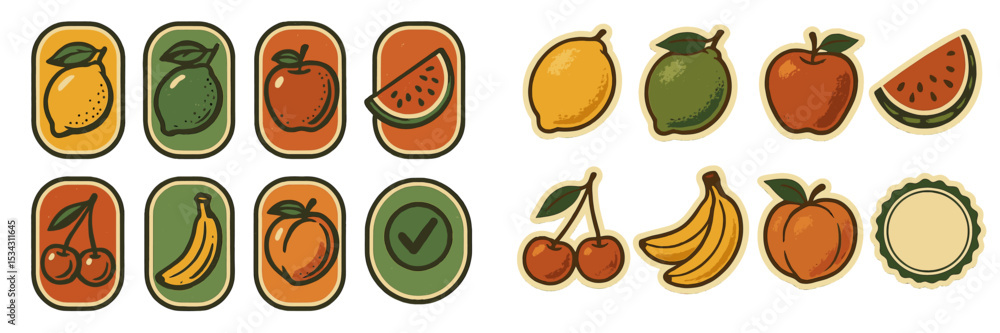 Poster colorful vector flat illustration of various fruits arranged in decorative patterns with a vibrant a