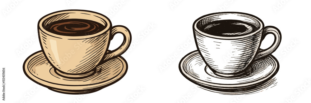 Poster two minimalist coffee cup illustrations showcasing different styles and colors for design and brandi