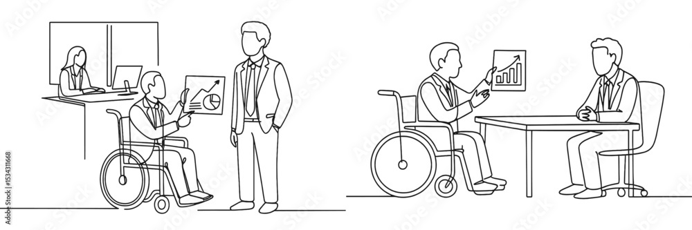Aufkleber business meeting with wheelchair user discussing growth strategies in a professional office setting