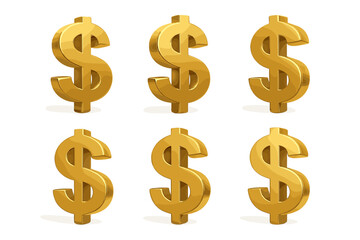 Gold dollar signs arranged in two rows with six symbols representing wealth and financial prosperity in a flat design