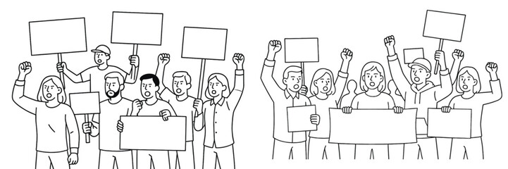 Crowd of people protesting with raised fists and blank signs in a vector flat illustration