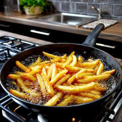 Golden, crispy fries sizzle in a frying pan filled with hot oil, their texture perfectly inviting. A sleek kitchen backdrop adds a touch of elegance to this mouthwatering moment.