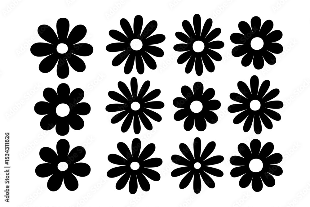 Poster Black floral pattern design featuring multiple daisies arranged in a grid format for use in various graphic projects