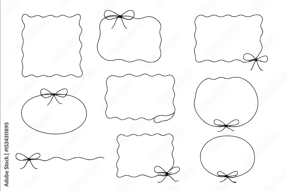 Poster Creative collection of vector flat illustrations of decorative frames with bows and wavy edges for various design purposes