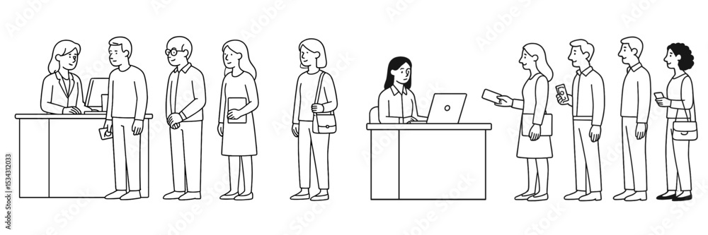 Poster People engaging at a service counter and completing tasks in a modern office setting during the daytime