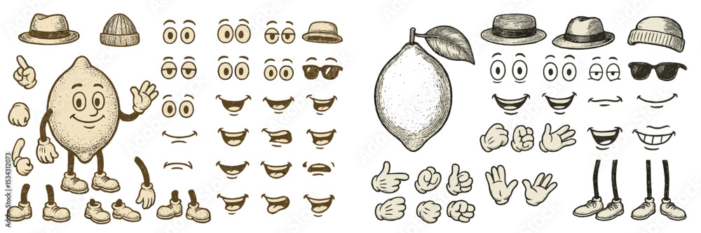 Poster lively lemon character bundle with various expressions and accessories for creative designs and illu