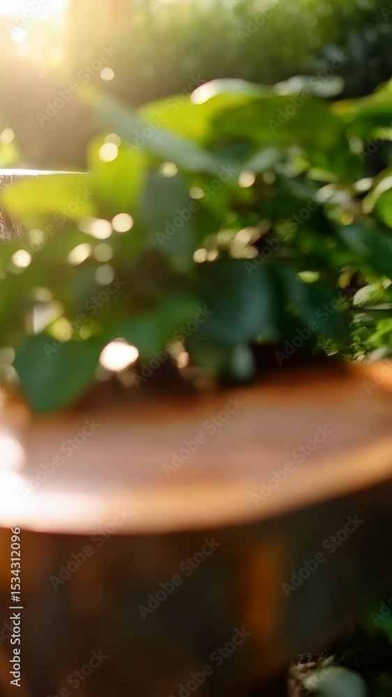 Poster rustic wooden display pedestal made from tree trunk in natural setting with lush greenery and a blur