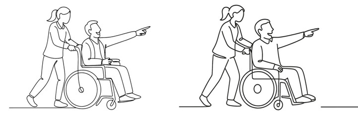 People engaged in outdoor activity assisting a wheelchair user pointing at something interesting during a sunny day