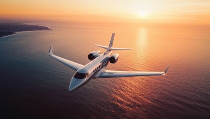 Private jet soaring over coastal sunset