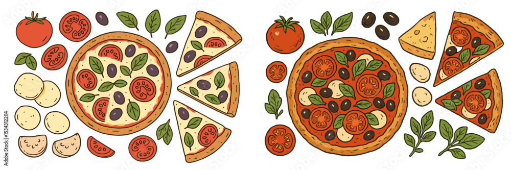 Poster tasty vector flat illustration of various pizzas with fresh ingredients, showcasing different slices
