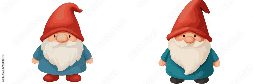 Poster cheerful vector illustration of two gnomes with red hats and colorful outfits in a playful style