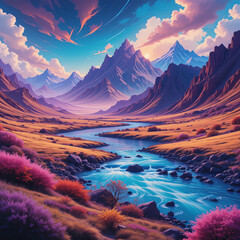 Vibrant landscape with mountains river and colorful flora under bright sky