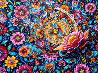 Colorful Floral Pattern with Vibrant Flowers and Intricate Designs