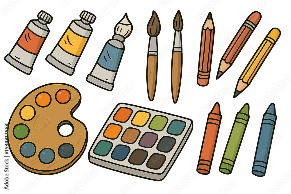 Poster art supplies arranged on a flat surface showcasing creativity tools for artistic expression and lear