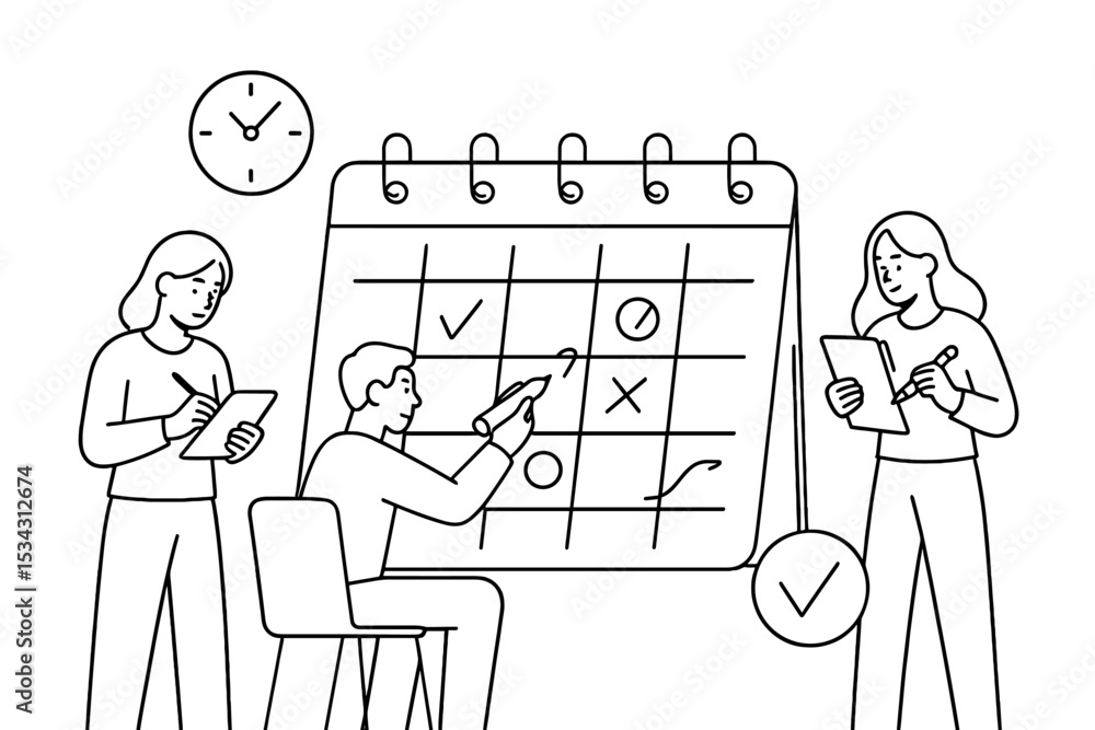 Poster Team collaboration at a workspace planning session using a calendar with notes and symbols for effective scheduling and time management