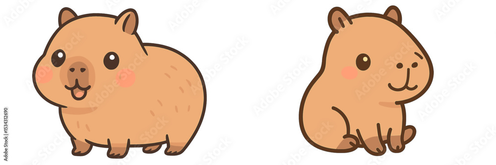 Poster cute and playful vector illustration of adorable capybaras in different poses enjoying a sunny day i