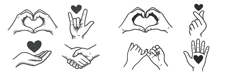 Fototapeta premium Diverse hand gestures that symbolize love, connection, and friendship in a flat vector illustration