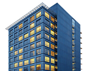 Fototapeta premium Low angle view of a blue high rise building with many windows illuminated at night against white sky