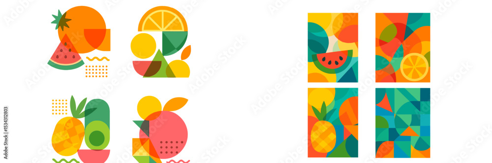 Poster Colorful vector flat illustration featuring fruit shapes and abstract patterns in a playful arrangement