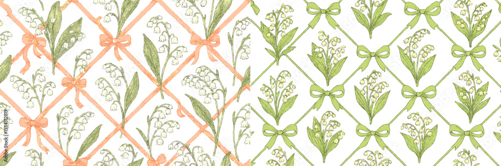 Poster floral vector flat illustration featuring delicate lily of the valley patterns with ribbons across a