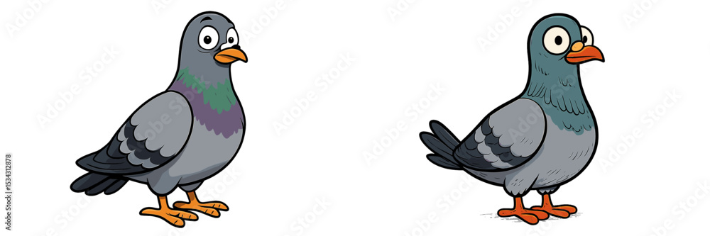 Poster two cartoon pigeons standing side by side with distinct facial expressions in a vibrant vector illus