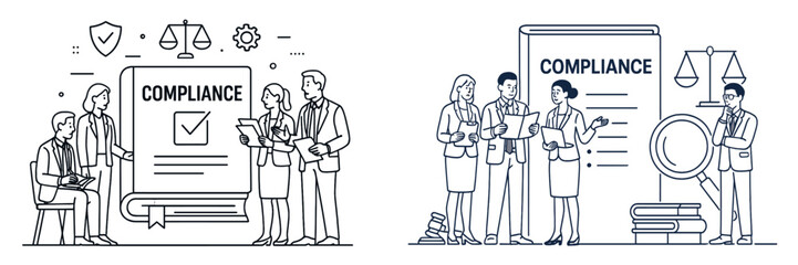 Business professionals discussing compliance regulations in a legal environment with documents and graphs