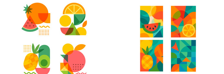 Colorful vector flat illustration featuring fruit shapes and abstract patterns in a playful arrangement