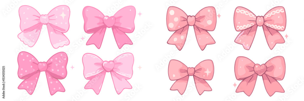 Poster colorful pink ribbon bows in a flat vector illustration displaying various styles and designs perfec