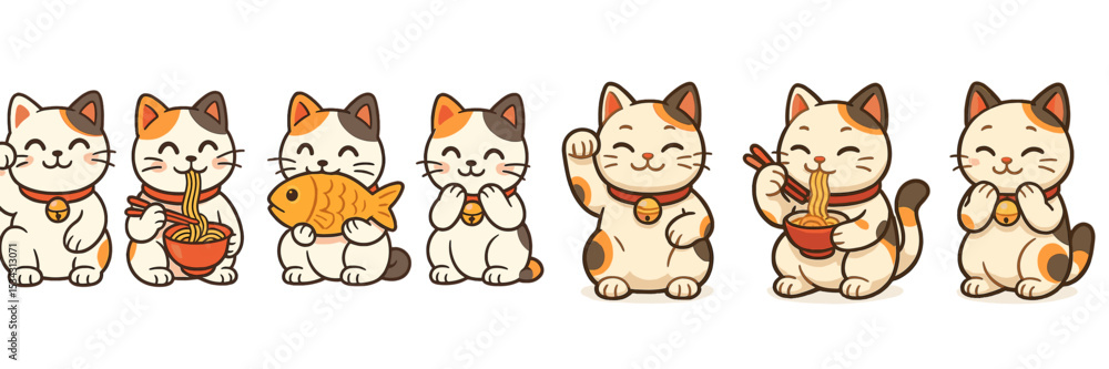 Poster cute cat characters enjoying different foods and activities in a colorful vector flat illustration