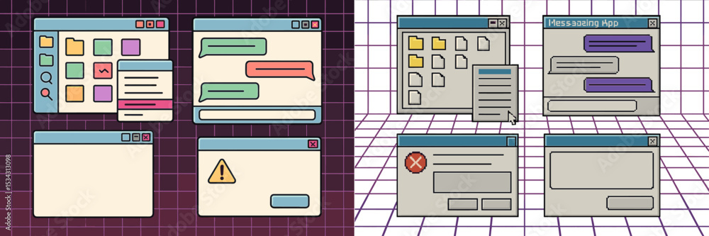 Poster Colorful digital interface design showcases various windows, chat bubbles, and notification alerts in a retro grid background