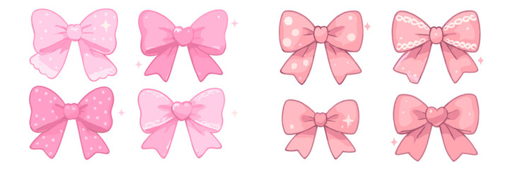 Colorful pink ribbon bows in a flat vector illustration displaying various styles and designs perfect for decoration or gifts