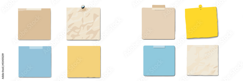 Aufkleber Colorful sticky notes arranged in a grid on a plain white background display various textures and shades of paper