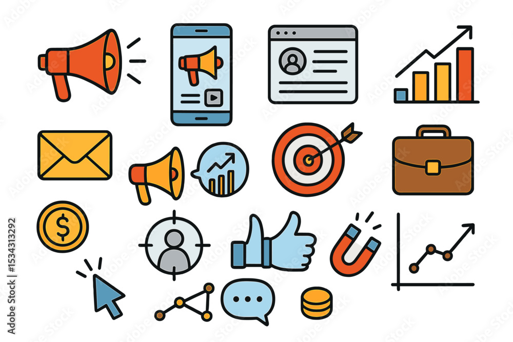 Poster marketing concepts depicted with icons showing communication, analytics, and business growth strateg