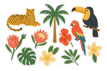Fototapeta premium Colorful tropical wildlife stickers featuring a leopard, toucan, parrot, flowers, and palm tree on a white background